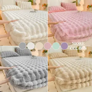 1pc New Bubble Fleece Milk Velvet Fitted Sheet & Bed Skirt Set – Solid Color Ultra Soft Skin-Friendly Faux Rabbit Fur, Machine Washable, Includes Pillowcase, Perfect for Bedroom, Guest Room, Dorm, Kids, Pets, Elderly & Hotels