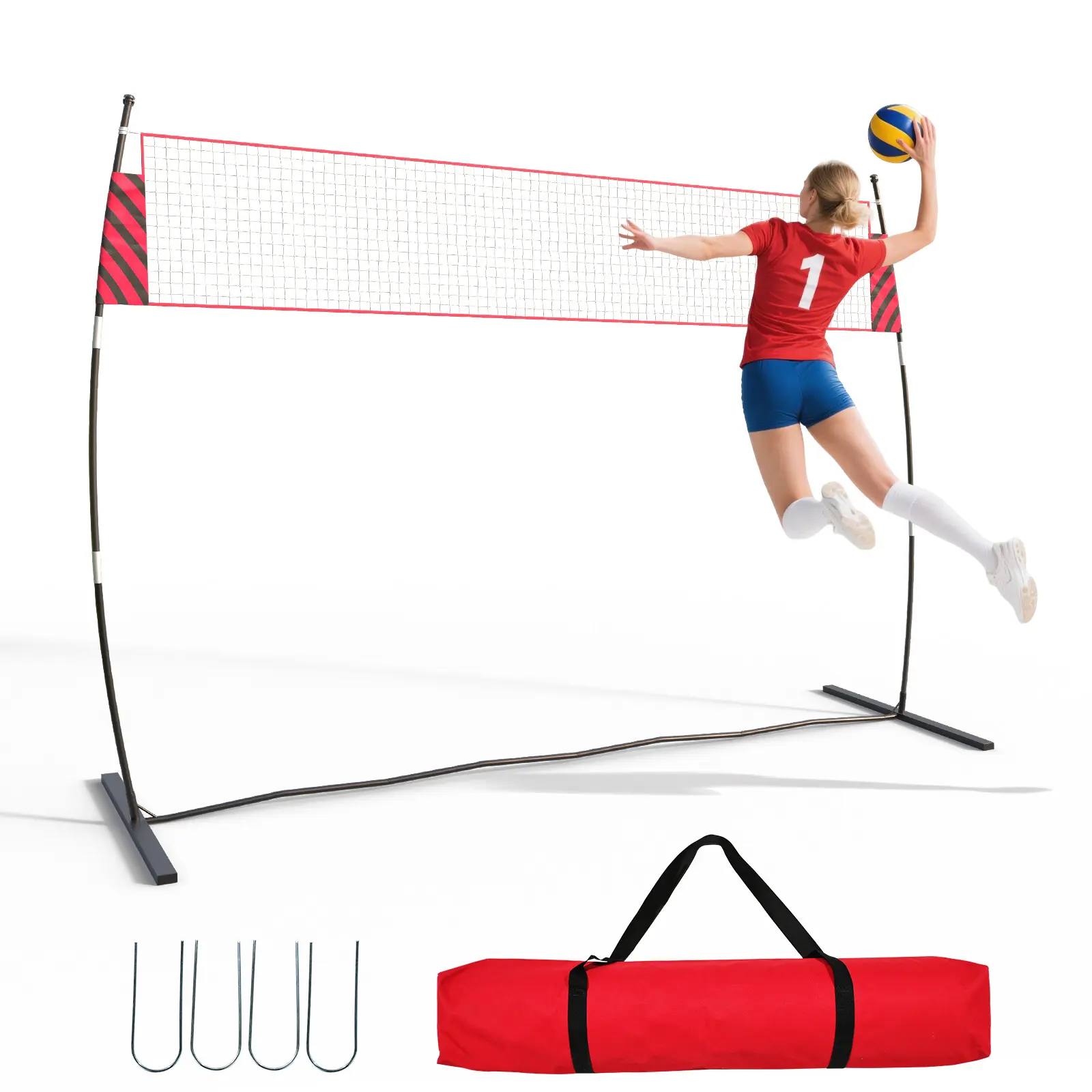 32 Foot Outdoor Volleyball Net System, Portable Height Adjustable Training Kit, Includes Carrying Bag, Ball, Air Pump, and Guy Ropes, Heavy Duty Freestanding for Kids Teens Adults Backyard Play