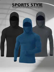 Men's solid color hooded mask sports hooded sweatshirt 3-piece set, tactical sports long sleeved top, Athletic Hoodies, suitable for running, cycling, and gym wear, durable elastic fabric suitable for sports and outdoor enthusiasts