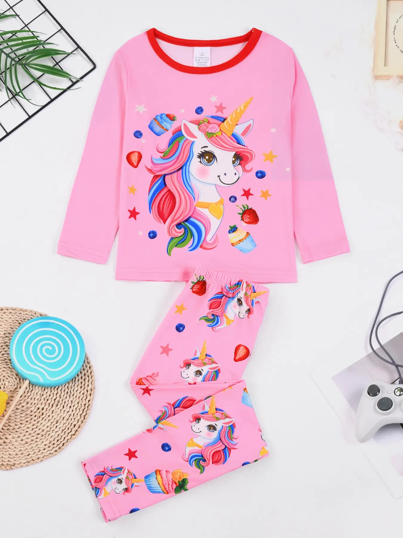 Girls' Round Neck Long Sleeve Matching Pajamas Set, Unicorn Pattern Ice Cream Cartoon Print, Comfortable Fitted Homewear Sleepwear, Fruit Print Pajama