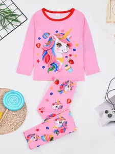 Girls' Round Neck Long Sleeve Pajamas Set, Unicorn Pattern Ice Cream Cartoon Print, Comfortable Fitted Homewear Sleepwear