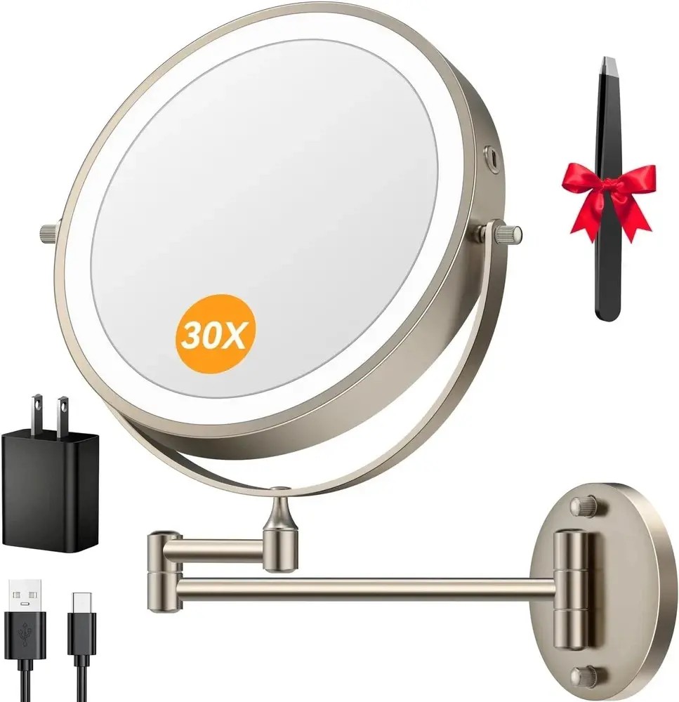 5000Mah Rechargeable Wall Mounted Lighted Makeup Mirror, 9'' 30X/1X Double-Sided