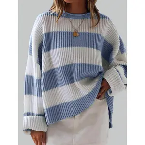 Women’s colorblock striped print drop shoulder sweater, casual long-sleeve crewneck jumper for fall and winter, fashionable ladies’ knitwear for daily wear — Autumn/Winter 2025 fashion clothing