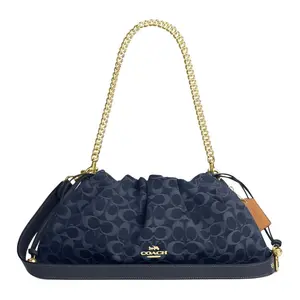 Coach Faye 38 Classic Monogram Drawstring Tote Bag for Women, Denim Style in Indigo Blue