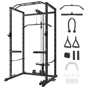 Heavy-Duty Multi-Functional Squat Rack 1600 lbs Power Cage for Home Gym – Multi-Functional Squat Rack with Cable Pulley, LAT Pulldown, Dip Bars, Landmine Attachment, J-Hooks – Home Fitness Strength Training Equipment
