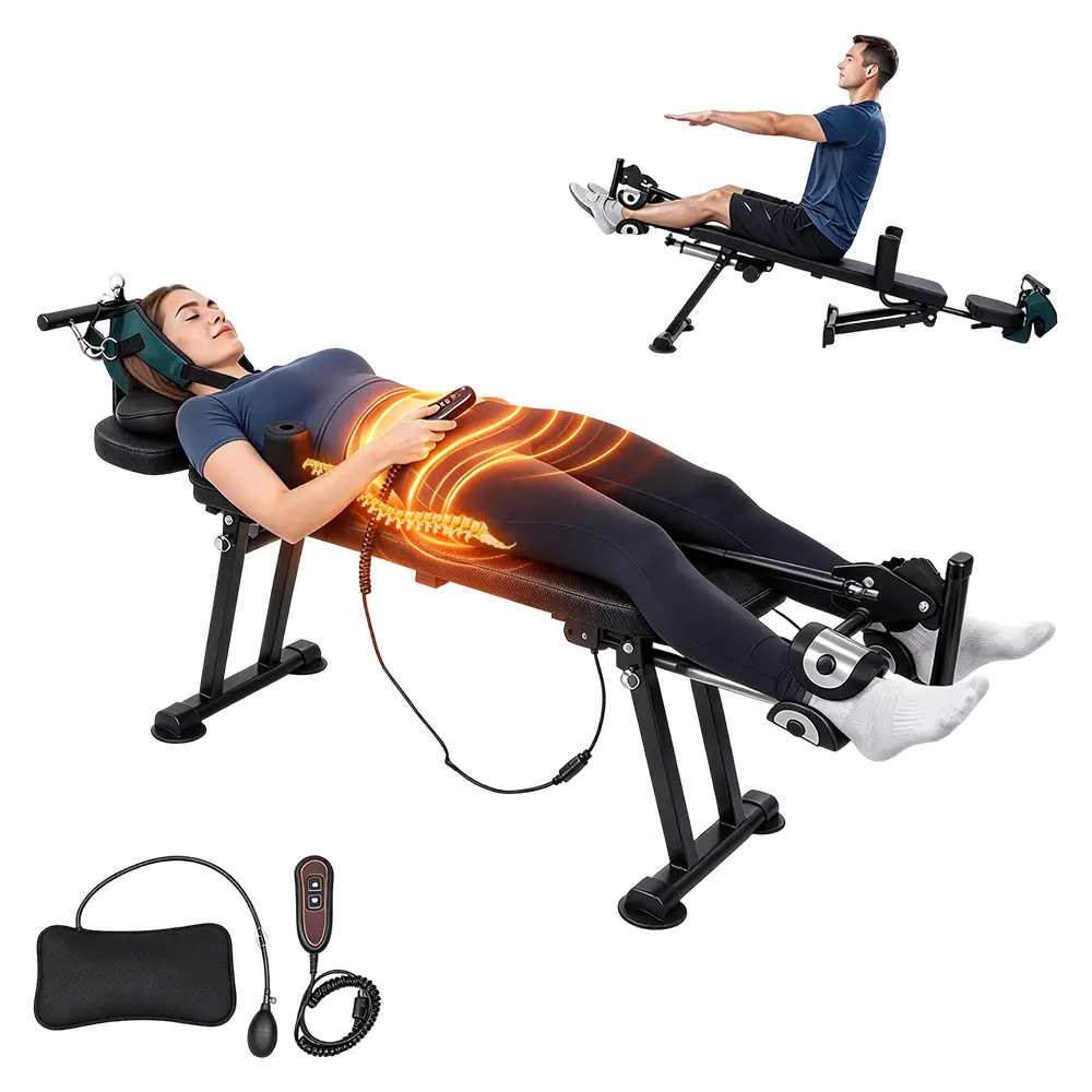 Unisex Universal Size 2-in-1 Therapeutic Steel Pipe Electric Full Body Traction Table (35W), Remote-Controlled Adjustable Stretching Bench for Neck & Lumbar Pain Relief, Strength Training Back Machine, 2-In-1 Design