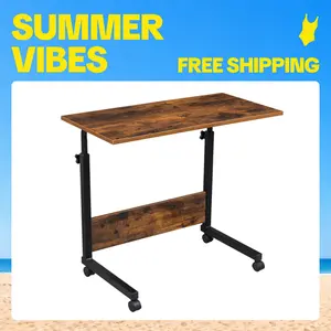 【Summervibes】FCH Removable Chipboard & Steel Side Table with Rustic Brown Adjustable Work Table, Rolling Desk Laptop Computer Cart for Home, Bedroom, Office, Classroom