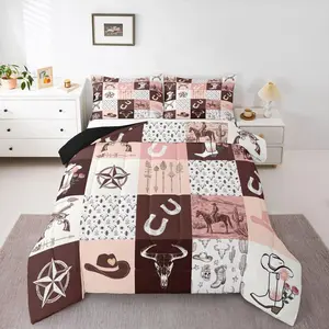 Western Comforter Set,Cowgirls Bedding,Teens,American Cowboy Wild West Patchwork Texas Stars Comforter Sets,Boho Arrows Horseshoe Bull Quilt