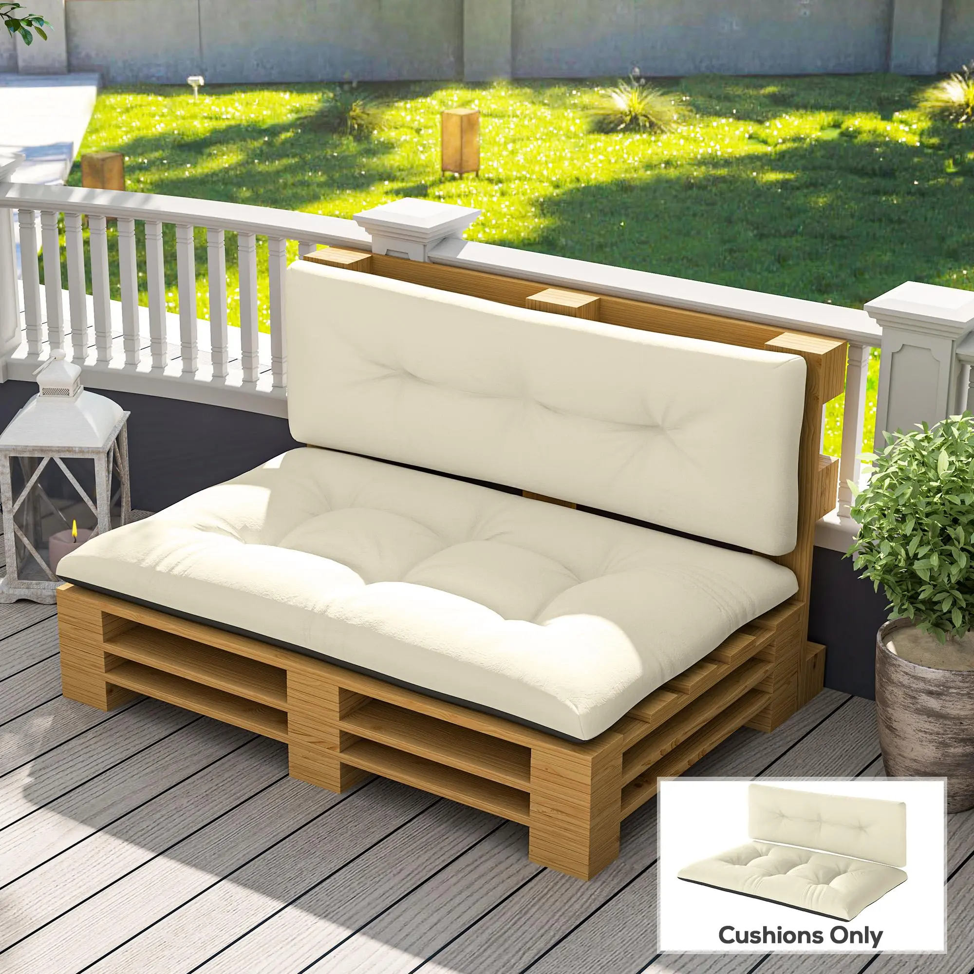 2 Seater Pallet Cushions Outdoor 3.9" Thick Replacement Cushions - Tufted Design for Garden, Patio, Cream White