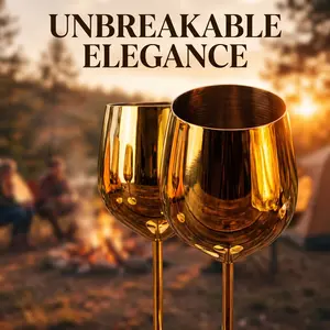 18oz Gold Stainless Steel Wine Glasses Set of 4, Shatter-Resistant Polished Metal Goblets, Elegant Unbreakable Cups for Camping Campfire Outdoor Party