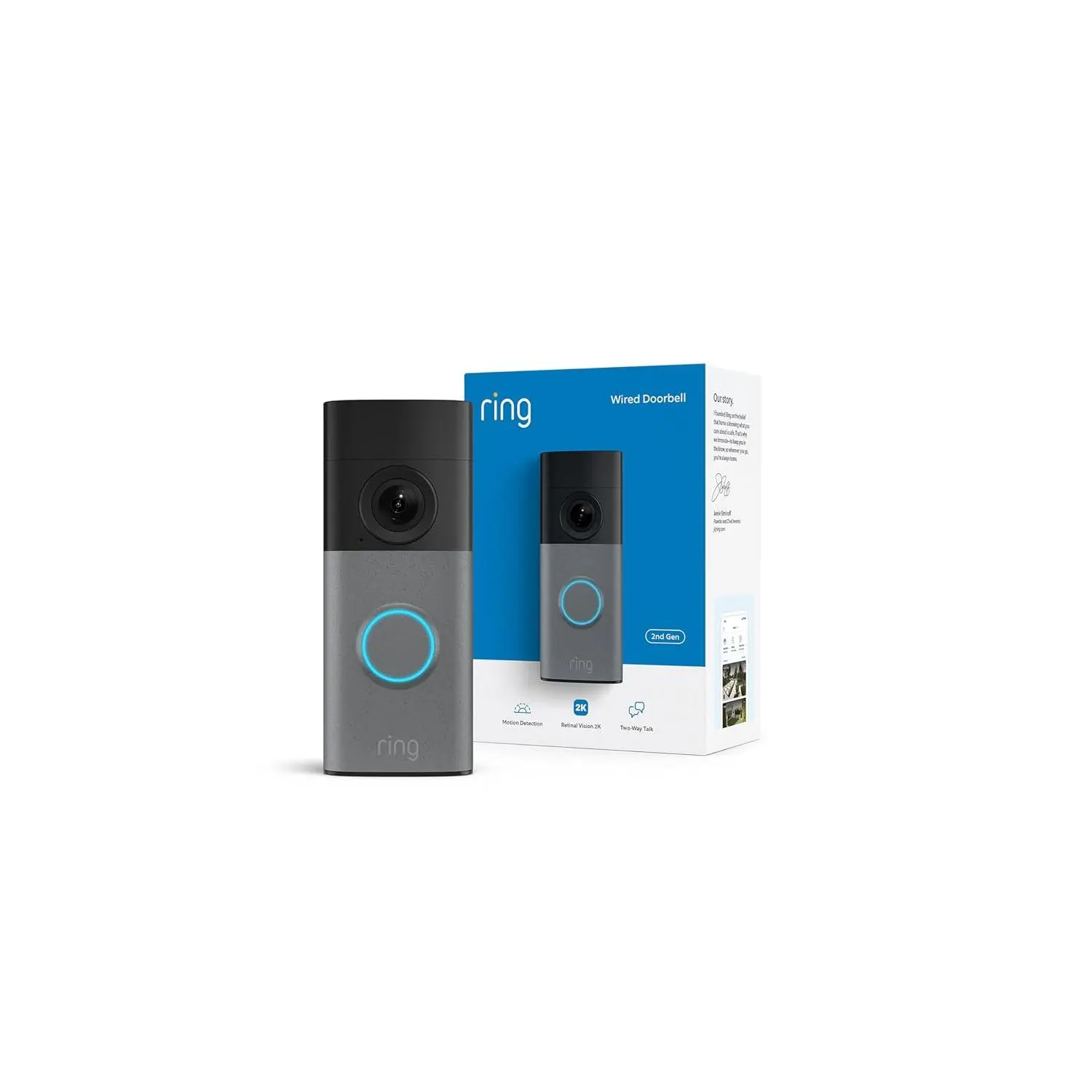 Ring Wired Doorbell 2K (newest model), Retinal 2K with wide-angle video, up to 6x Enhanced Zoom, and Two-Way Talk, Speckled Gray