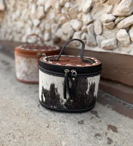 Mini Round Tooled Leather & Cowhide Jewelry Box  