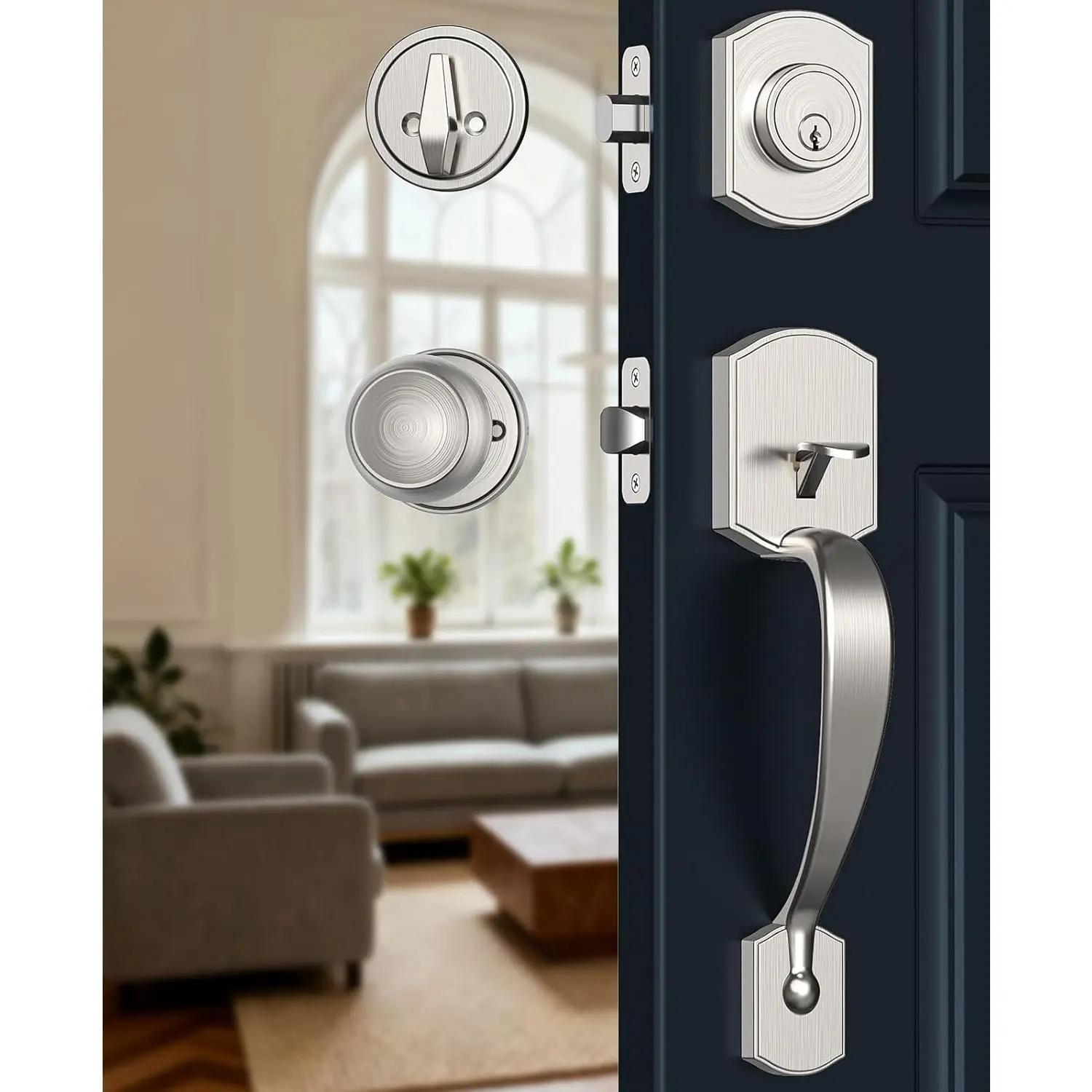 Brushed Nickel Door Handle and Deadbolt Set - Entry/Exterior Corrosion-Resistant Lockset with Knob, Adjustable 1-Cylinder Deadbolt, Adjustable Latch (2-3/8" to 2-3/4"), Reversible for Right/Left Doors, Easy Install