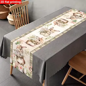 Vintage Easter Table Runner Featuring Rabbit Egg and Floral Patterns Polyester Farmhouse-style Easter Table Runner Perfect for 2026 Home Decor