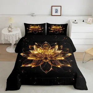 Black and Gold Lotus Comforter Set Flower Bedding Set for Kids Boys Girls Spa Zen Spiritual Golden Floral Comforter