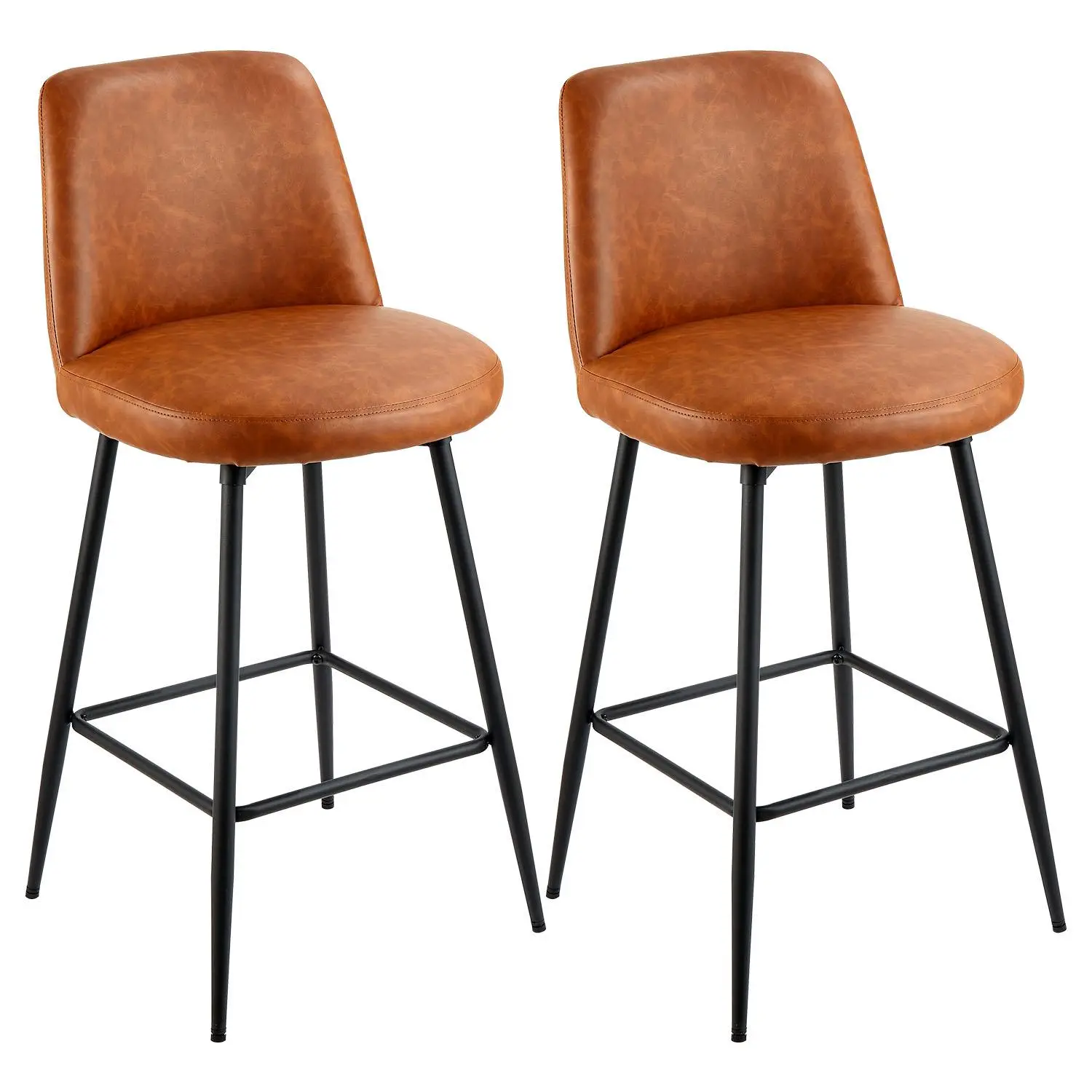 VEVOR 2-Piece Armless Swivel Chairs, 27in Counter Height Modern Upholstered PU Leather Barstools with Backrest & Metal Legs, Assembly Required, Easy to Maintain, Durable for Kitchen, Dining Room, Brown