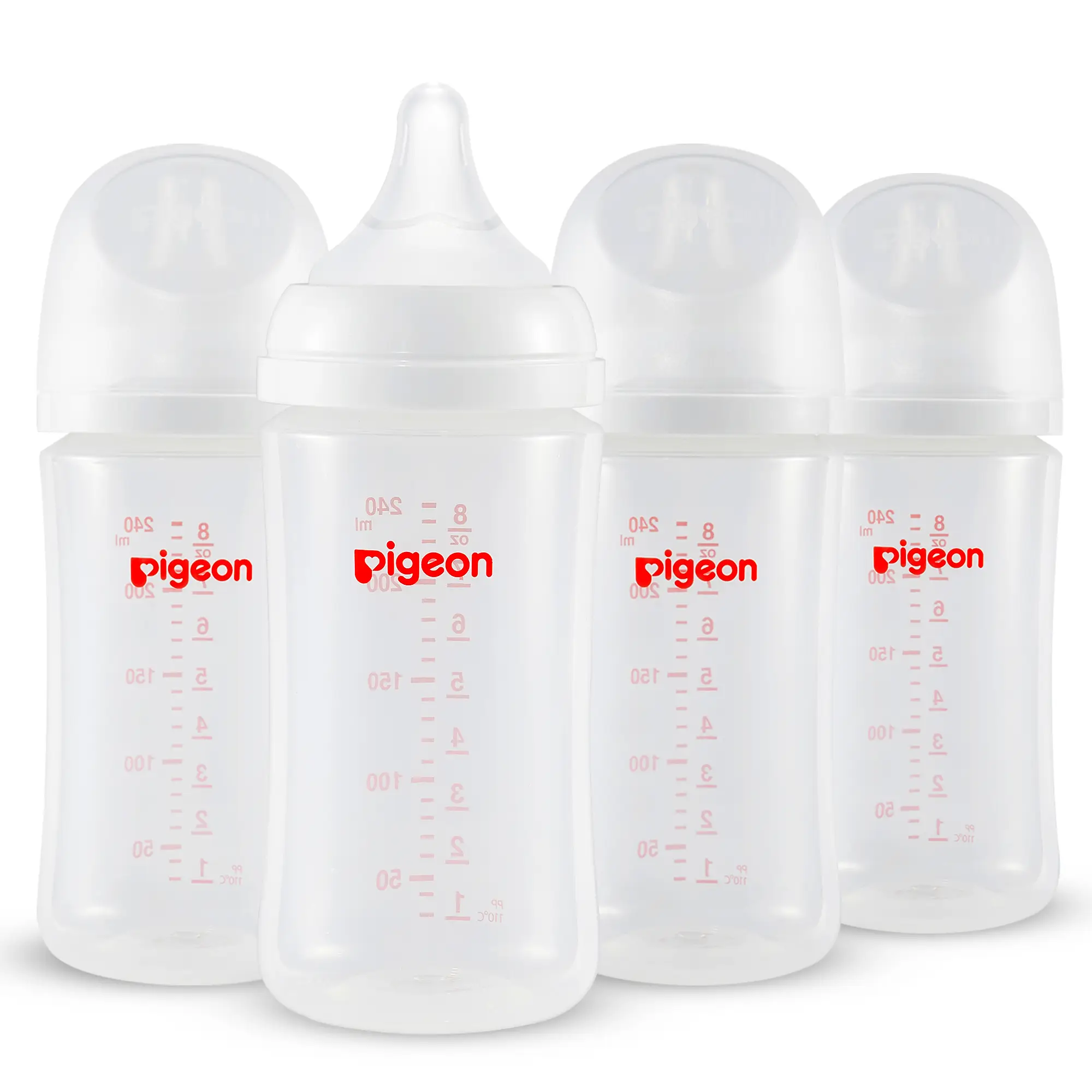 Pigeon PP Nursing Bottle Wide Neck, Anti-Colic, Streamlined Body, Natural Feel, Easy to Clean, 8.1 Oz(Pack of 4), Includes 4pcs M Nipples (3m+)