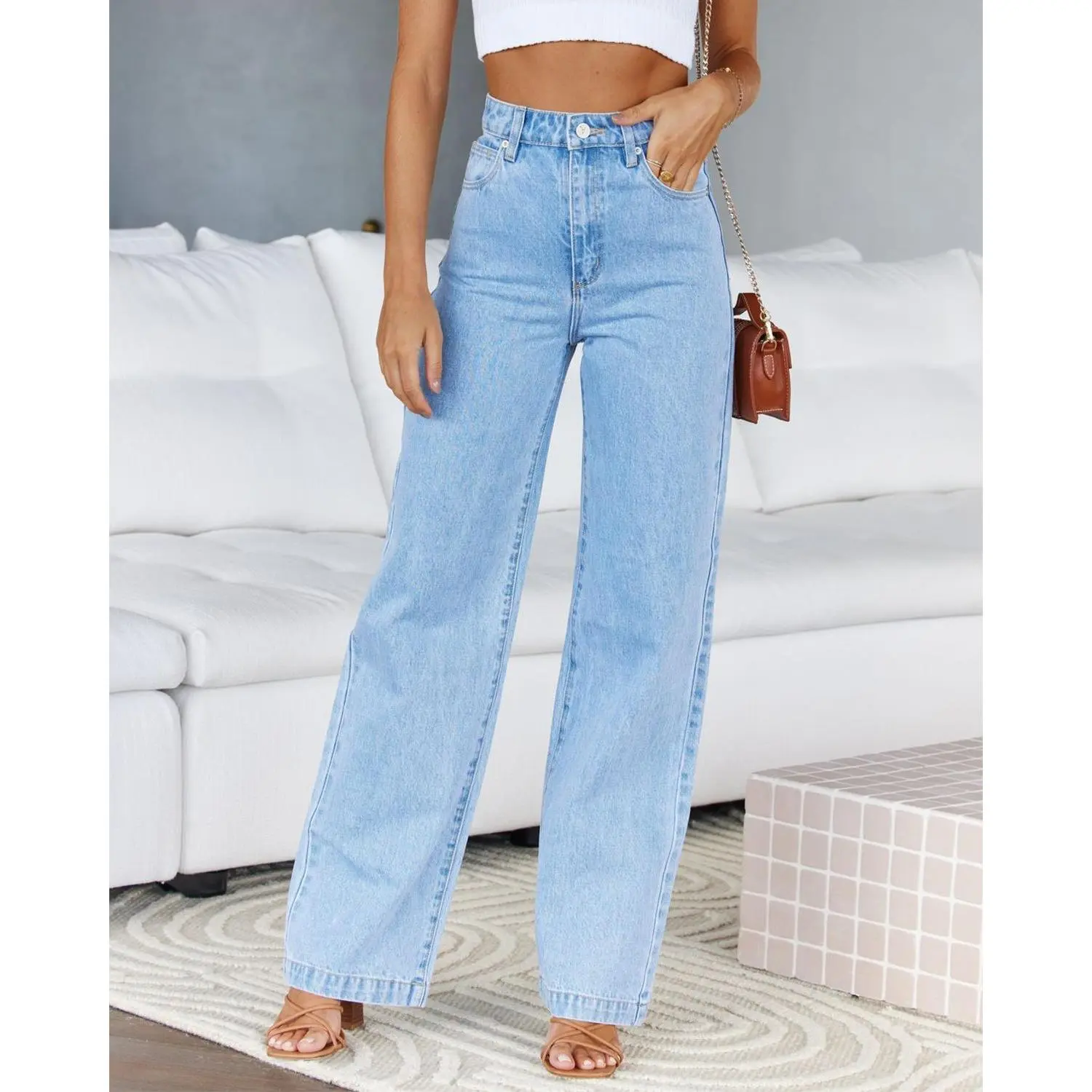 Women's High Waisted Baggy Jeans, Solid Cotton Straight Leg Denim Pants with Pockets for Casual Work & Streetwear, Style, Convenient, Bottoms, Comfortable, Fit, Casual Wear, Baggy Wide Leg Jeans, Loose Straight Leg Jeans