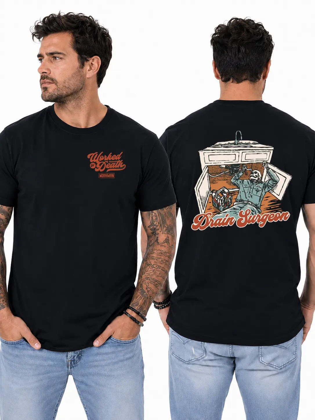Women's Short-Sleeve Cotton Casual Classic T-Shirt, Drain Surgeon Plumber Graphic Design, Under Sink Pipe Repair Print, Blue Collar Work Top for Plumbing Professionals, Contractor Gift Fabric Menswear, Shortsleeve, Round Neck, Tee