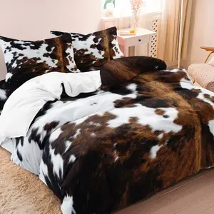 3Pcs Brown And Black Cow Pattern Yak Leather Printed Bedding Set With Washable Ultra-Fine Microfiber Duvet Cover, Soft And Comfortable, Included 1*Duvet Cover & 2 Pillowcase( Comforter Not Included) Soft Bedding Sets