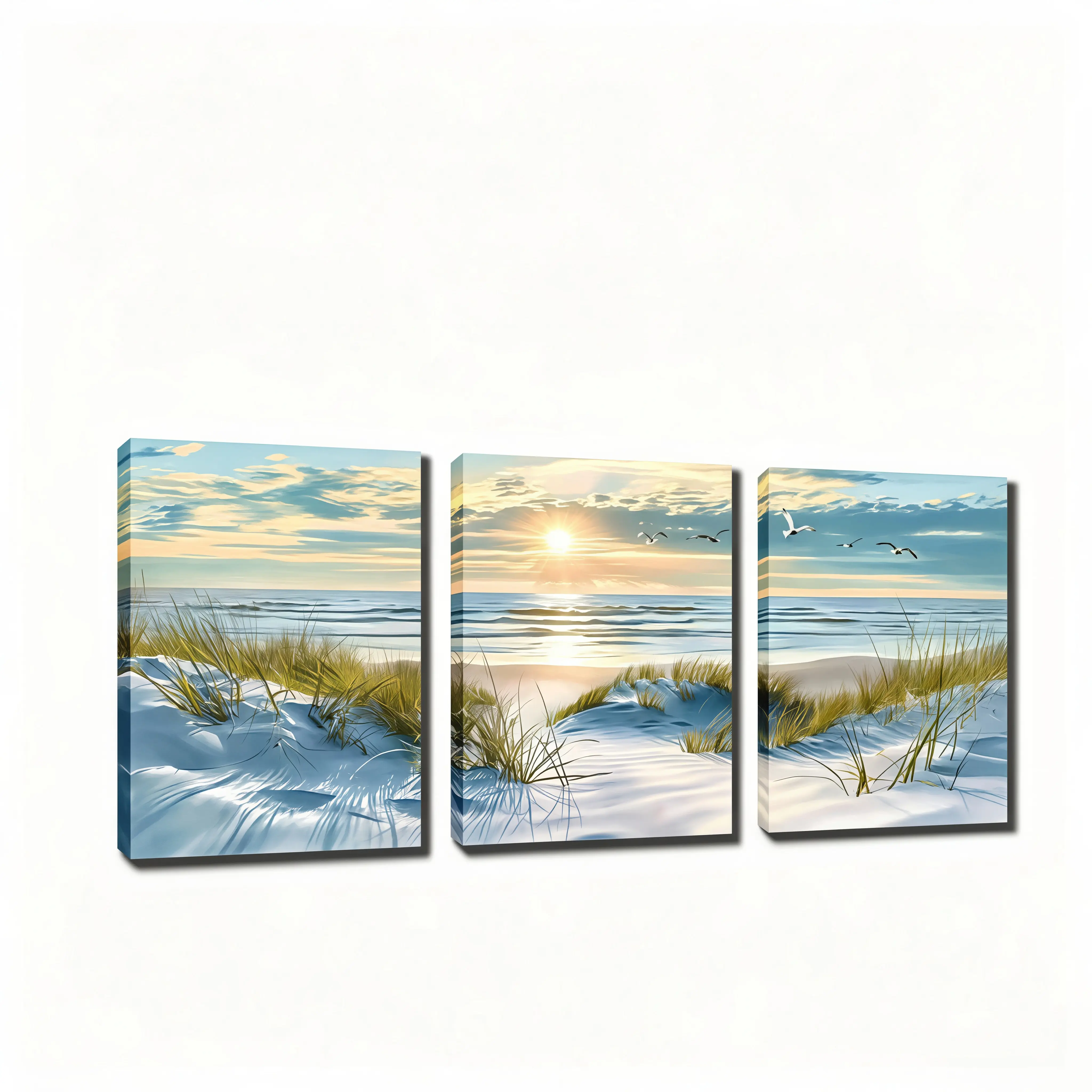 3PCS  frameless canvas prints, sunrise & sunset, lakeside reeds, beach reeds, sunset lake scenery, white sandy beach, ocean view.Waterproof HD Artwork for Living Room Bedroom, Housewarming Present