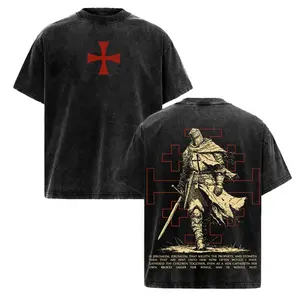 Men's Christian Crusader Knight Vintage Washed Oversized Round Neck Shortsleeve Heavy Cotton Casual Graphic T-Shirt - Distressed Faith Warrior Print, Medieval Cross, Biblical Strength Apparel, Streetwear, Unisex Religious Gift