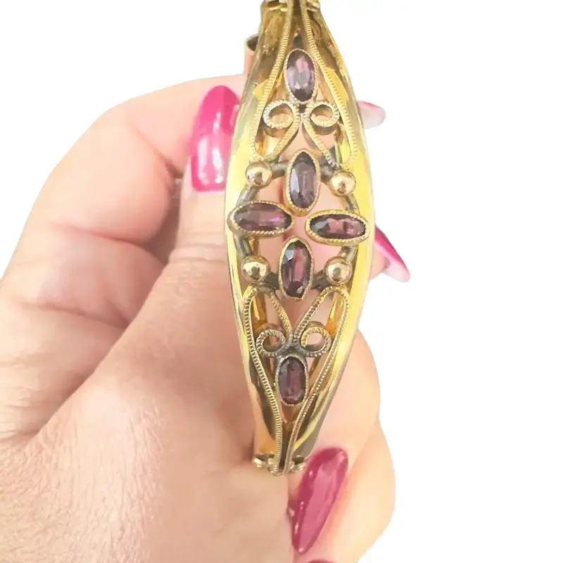 Antique Victorian MH & Co Signed Amethyst Ornate Filigree Gold Shell Hinged Bracelet
