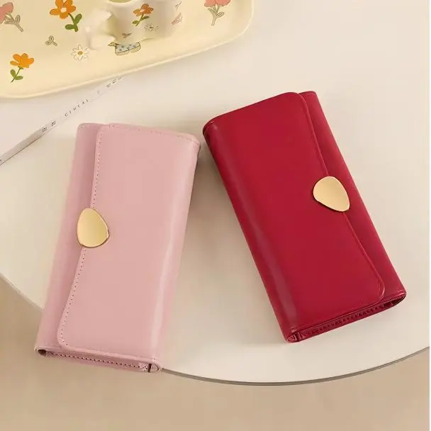 Women's Long Wallet with Teardrop Buckle, Casual Plain PU Leather High-Capacity Clutch Purse, Phone Holder with Card Slots and ID Window