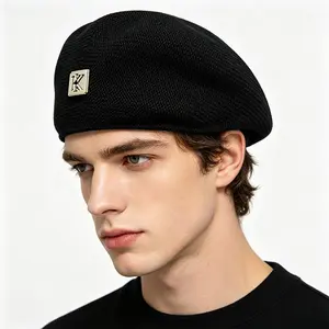 Knitted Beret Hat with Logo Detail, Unisex Minimalist French Style, Spring & Fall Streetwear Cap, Fashionable Beanie, Cozy
