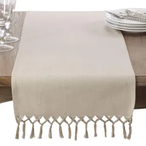 212 MAIN Woven Cotton Rectangular Table Runner - 16x72 in, Bellaria Knotted Tassel Trim, Natural Household Kitchen Linen Textile