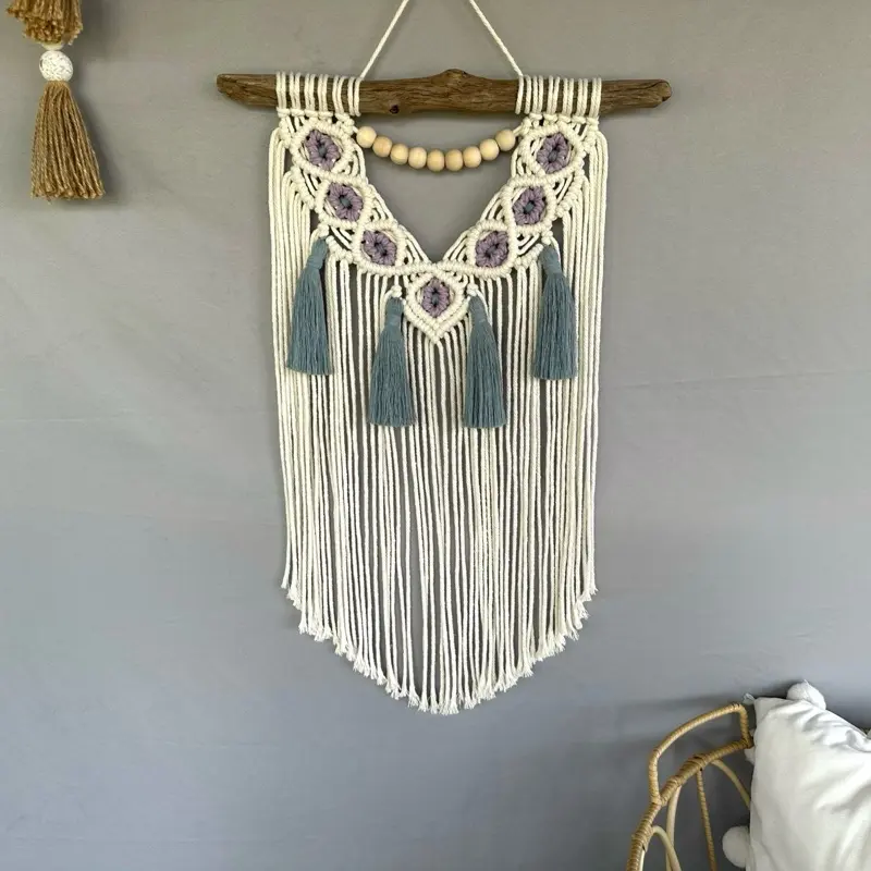 Lavender Blooms Floral Macrame Wall Hanging - Personalized Macrame Name Decor with Beads and Tassels, Floral Design, Hangable Ornament