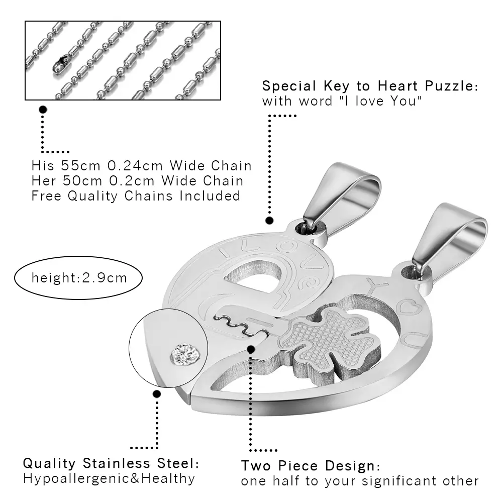 OIDEA Stainless Steel Lock & Key Heart Couple Necklaces, Interlocking Male/Female Set with Rhinestones, Romantic Anniversary Gift for Partners, Anniversary Gifts, Romantic Symbol, Interlock Pairs, Chain Jewelry Necklaces, Complete Pair, Interlocked, Rhine