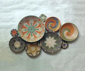 Set of 9 Basket Wall Decor, Boho Wall Decor, Boho Wall Art, Wicker Round Bowl, Wicker Wall Tray, Bohemian Wall Decor, Hanger Wall Plate Hanging Gift
