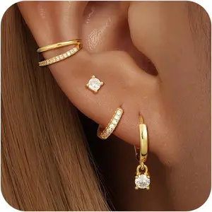 4 Pairs Gold Hoop Earrings Set for Women - 14k Plated Huggie Dangle Stack - Trendy Multiple Piercing Hypoallergenic Stud CZ Ear Cuff - Non Tarnish Jewelry