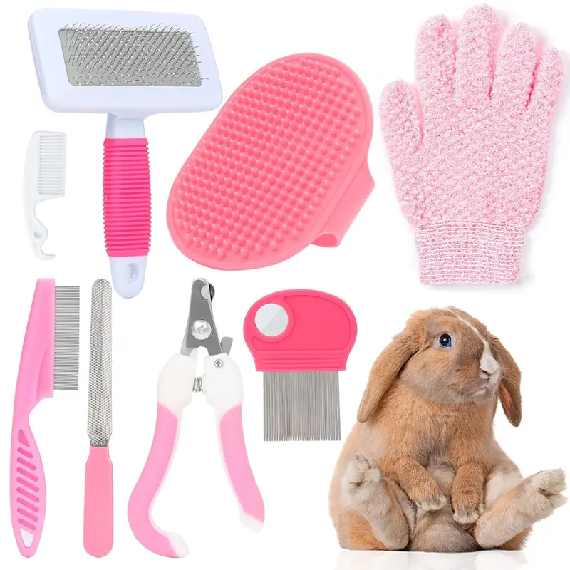 8-Piece Universal Adjustable Pink Small Animal Grooming Kit - Metal Nail Clipper & File, Rubber Bath Brush & Massage Glove, Flea Comb, Shedding Slicker Brush, Cleaning Comb, Shampoo-Included Pet Supplies