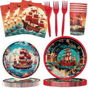100 Piece Pirate Theme Birthday Party Decoration Set, Paper Plates Napkins Cups Forks, Treasure Theme Party Supplies for 20 Guests