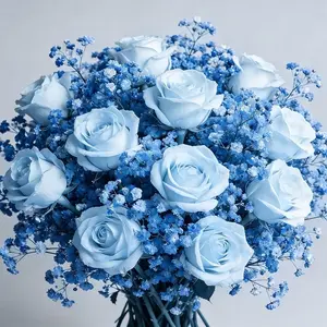 26 Realistic Blue Roses with Baby's Breath Decorative Gift Bouquet | Faux Plastic Blooms for Graduation Valentine's Birthday | Everlasting Keepsake for Adult Grads & Couples | US Sentimental Floral Present