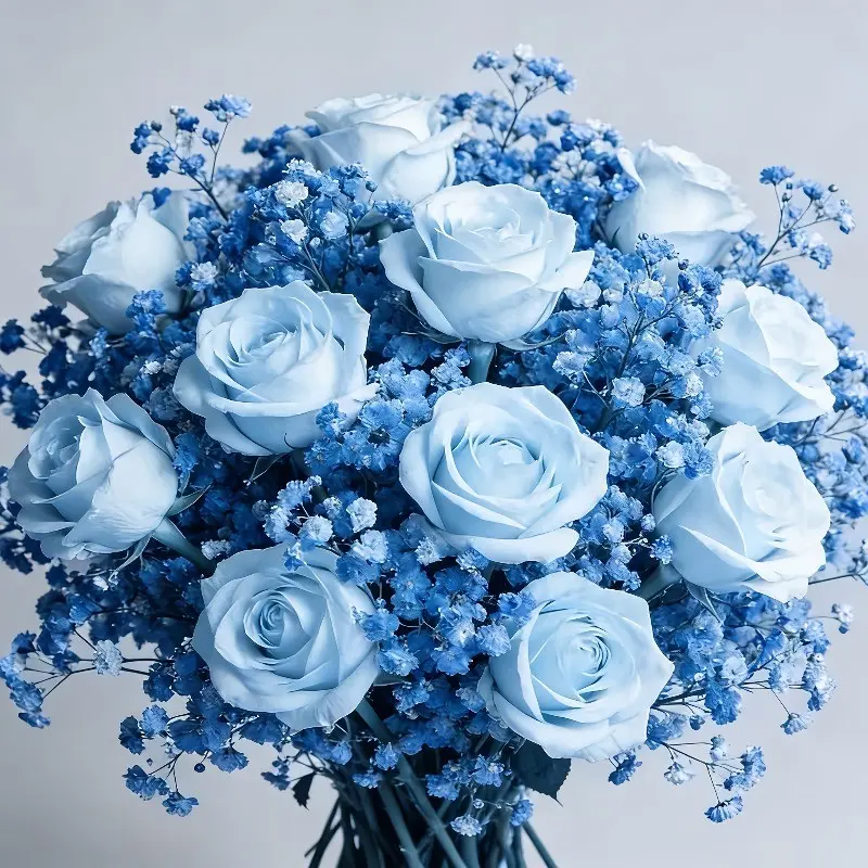 26 Realistic Blue Roses with Baby's Breath Gift Bouquet, Faux Plastic Blooms, Artificial Flower Bouquets, Artificial Flowers Bouquet, for Graduation Valentine's Birthday, Everlasting Keepsake for Adult Grads & Couples, US Floral Present