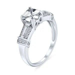 Art Deco Style 2CT Cubic Zirconia Asscher Cut Engagement Ring CZ Baguettes Side Stone Sterling Silver