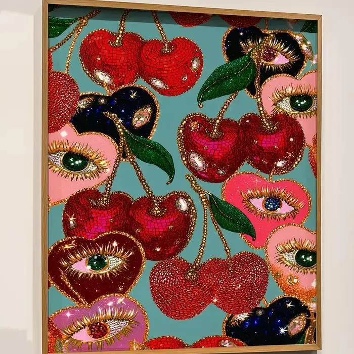 Cherry Poster, Funky Print, Maximalist Glam Art, Eclectic Fruit Poster, Eye Themed Print, Kitchen Dopamine Decor