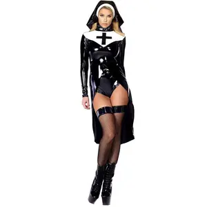 CHENGDEFA S-XXL Halloween Leather Nun Costume PU Leather Punk Nun Costume COS Uniform