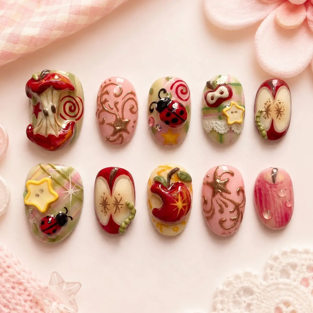 Red Apple Ladybug 3D Handmade Press On Nails, Pink Star Swirl Plaid Fruit Design, Cute Whimsical Nail Art, Glossy Reusable False Nails