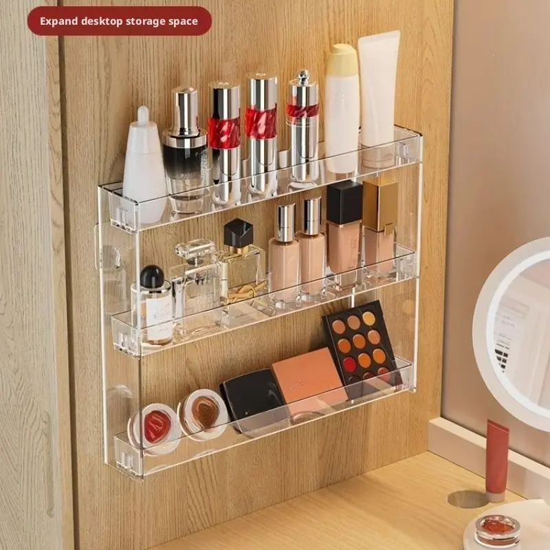 Wall-mounted acrylic makeup storage rack, no-drill cosmetic storage rack, transparent bathroom skincare shelf for vanity, very suitable for organizing lipsticks, eyeshadows, and skincare products, Modern Organizer, Clear Makeup Organizer