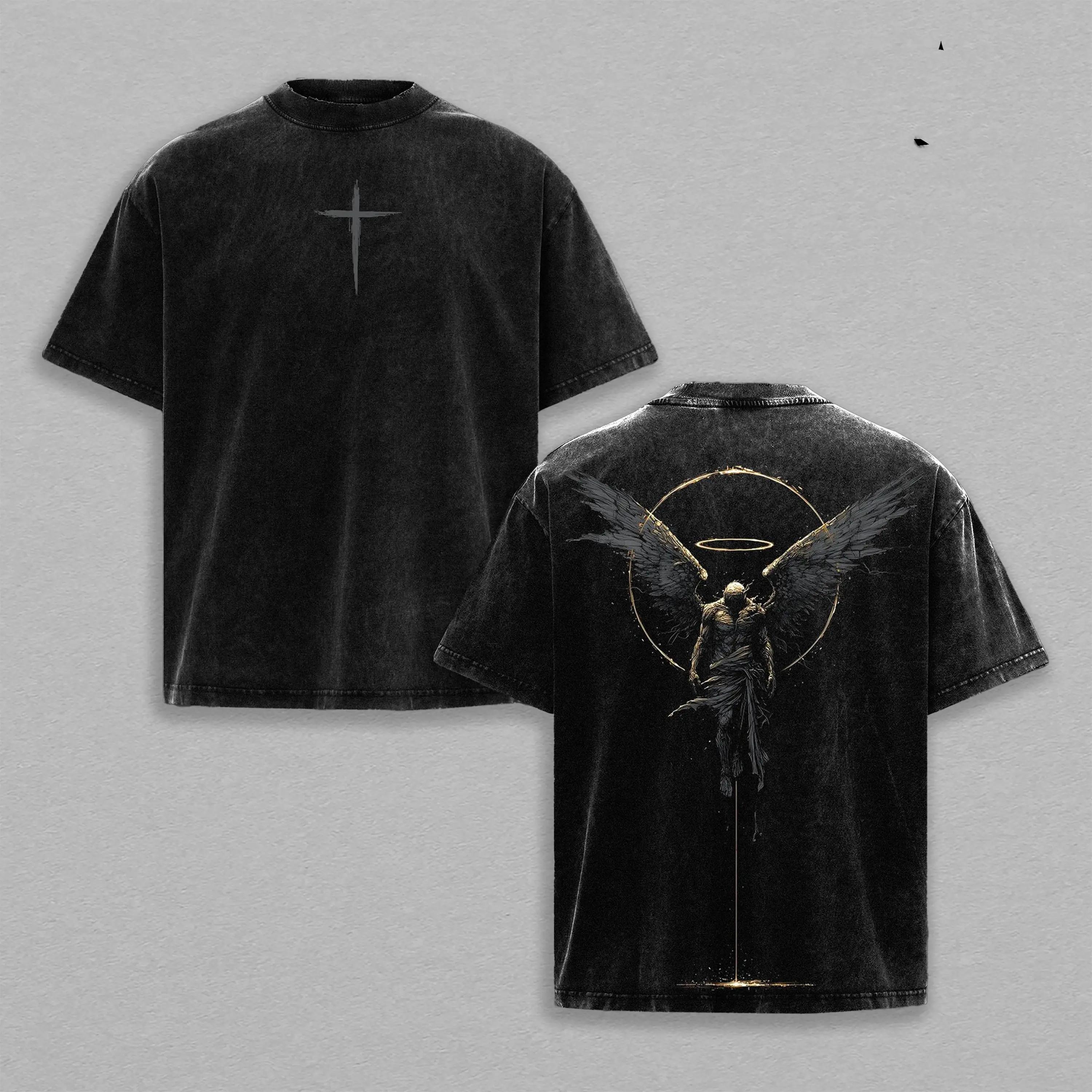 ARCHANGEL OF REPENTANCE T-Shirt Acid Wash Pump Cover Fallen Angel Double Printed Heavy Cotton Unisex Crusader Armor Graphic Tee, Vintage Cross Shirt, Medieval Warrior Streetwear, Gothic Faith Oversized Tee，funny graphic tee, men’s trendy t-shirts