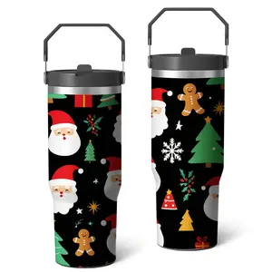 Stainless Steel Travel Mug Black Christmas Santa Claus Gingerbread Tree Snowflake Pattern Holiday Party Gift Water Bottle
