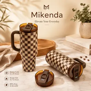 Mikenda 40oz Brown Checkerboard Insulated Travel Tumbler, Leak-Resistant Lid, Large Handle, Cupholder Friendly Stainless Steel Mug for Hot and Cold Drinks, Stylish Daily Car Tumbler Gift