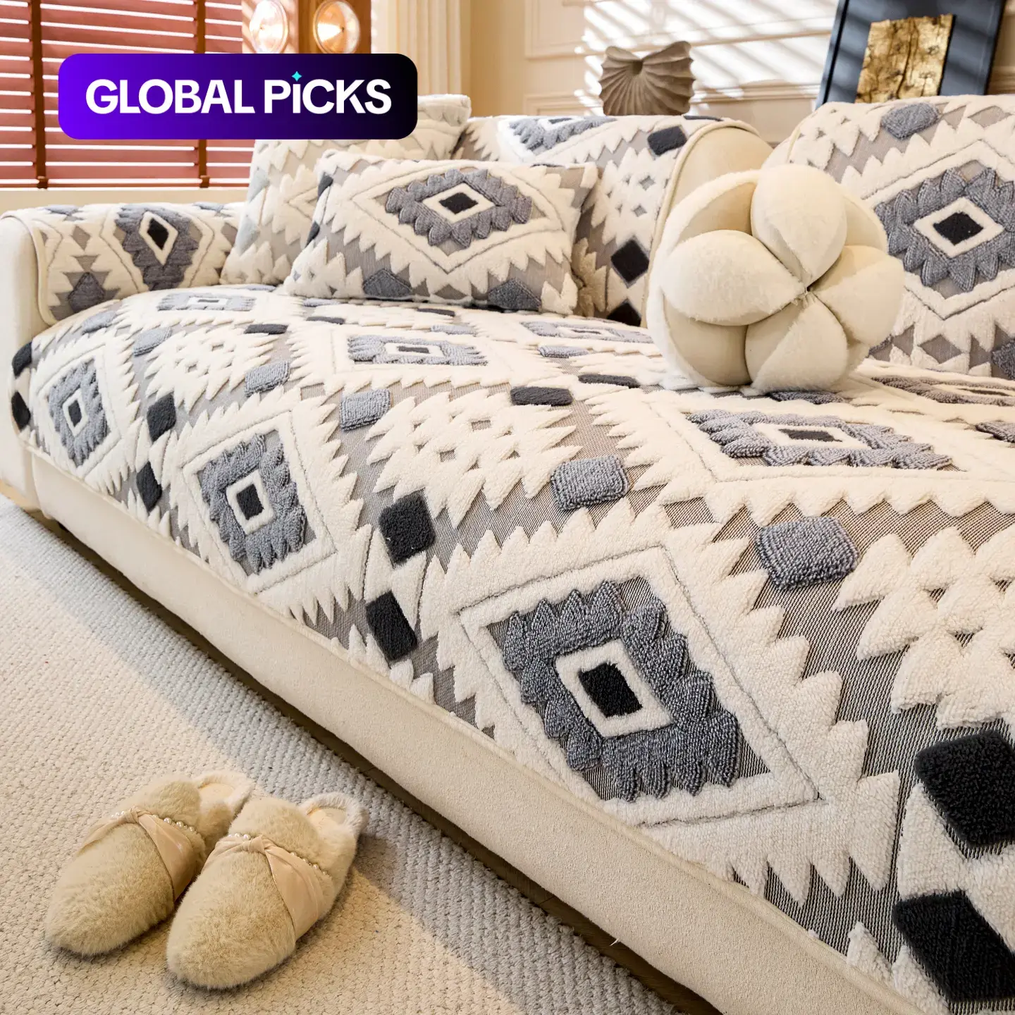 Bohemian-Style Plush Quilted Sofa Cover, Couch Slipcover, Anti-Slip Modern Luxury Washable Pet-Friendly Decorative Sofa Protector, Warm Comfortable Living Room Decor #GLOBAL PICKS
