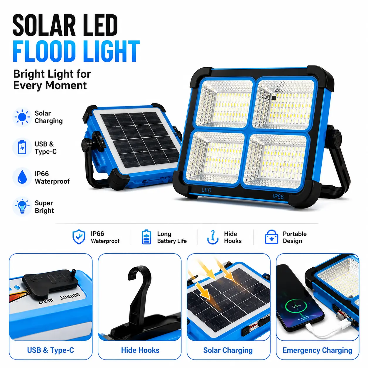 Qawtor 288-LED Work Light - Solar Rechargeable, USB Charging, IP66 Waterproof, Foldable, 180° Adjustable Stand, Adjustable & Portable, Outdoor Ready, Blue Light, Flashing Emergency Mode, Flood Spot Lantern for Camping, Garage