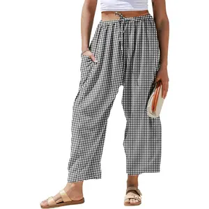 Womens Linen Wide Leg Striped Pants Casual Barrel Loose Drawstring Low Waist Palazzo Harem Pants with Pockets