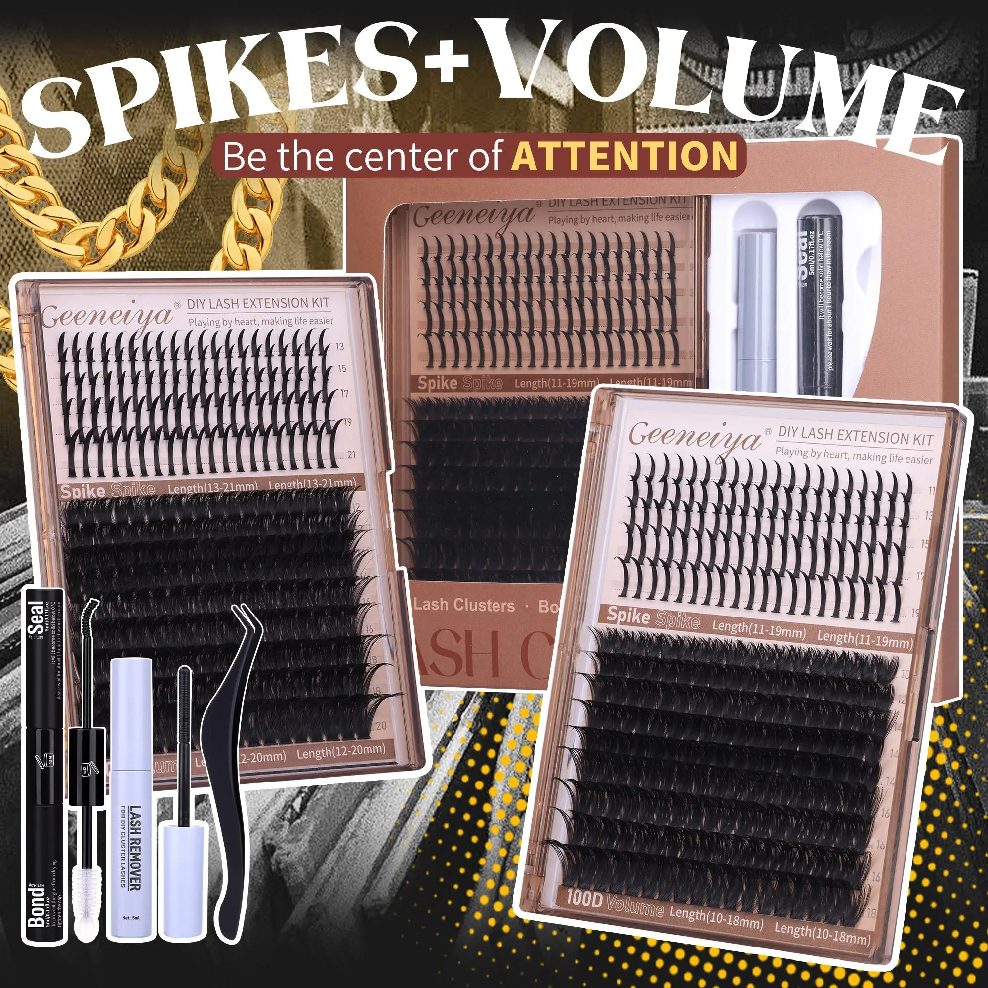 Geeneiya ATTENTION Lashes Kit, 100D Volume+Spike Lash Clusters with Long Lasting Lash Bond and Seal, Eyelash Remover, Tweezers for Makeup TikTokShopBlackFriday